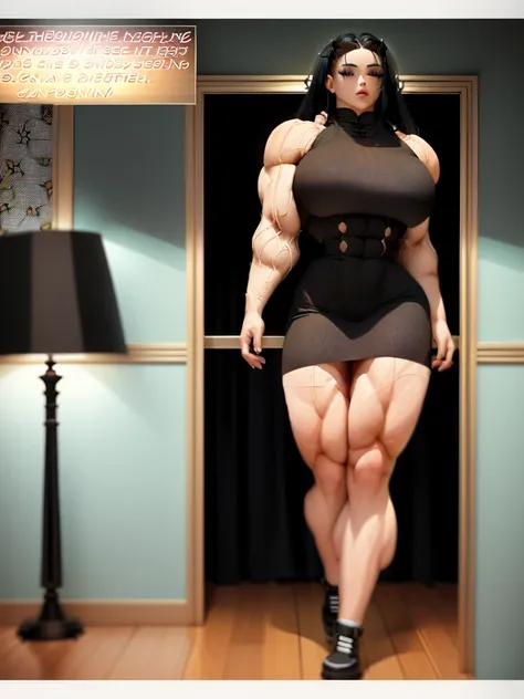 Cartoon of a woman in a short dress standing in a room, giantess art, muscular girl, giantess, muscular ultraviolent woman, succubus in tight short dress, strong and imposing, muscular and scary, exaggeratedly large physique, huge legs towering over you, f...