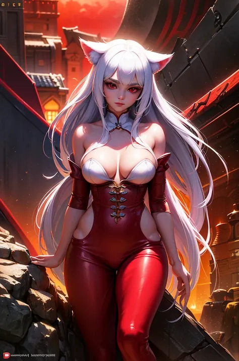 A beautiful girl with cat ears, long white hair, and a furry cat tail, red eyes, wearing white Qipao with red flowers details, slender figure with large breasts, (best quality,4k,8k,highres,masterpiece:1.2),ultra-detailed,(realistic,photorealistic,photo-re...