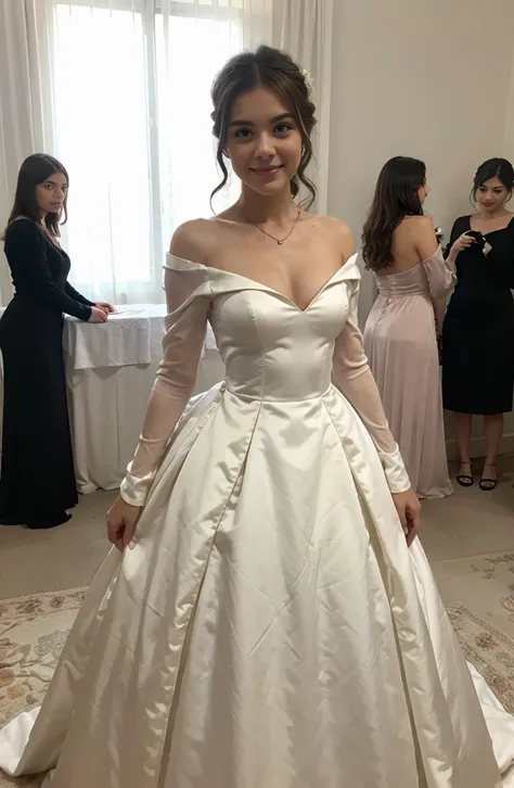 a girl wearing THE LONG-SLEEVE GOWN,on a weading party