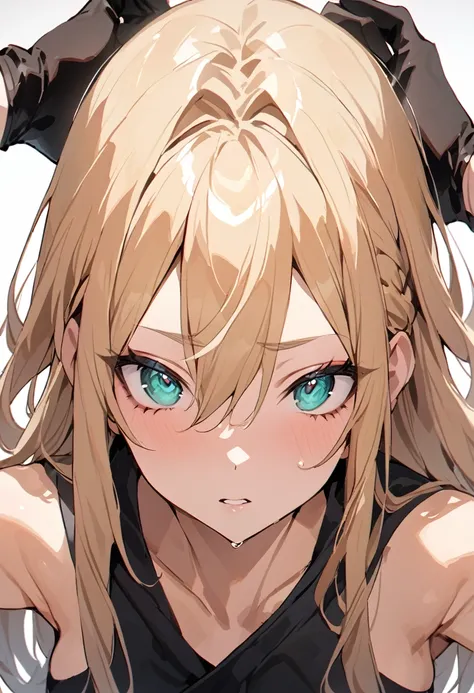 Masterpiece, Perfect face, expressive eyes,1girl, female focus, solo, black gloves, gloves, blonde hair, long hair, clean hair, braided hair, aqua eyes, beautiful, sexy, light make up Bleach style, Bleach
