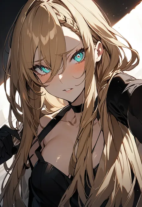 Masterpiece, Perfect face, expressive eyes,1girl, female focus, solo, black gloves, gloves, blonde hair, long hair, clean hair, braided hair, aqua eyes, beautiful, sexy, light make up Bleach style, Bleach
