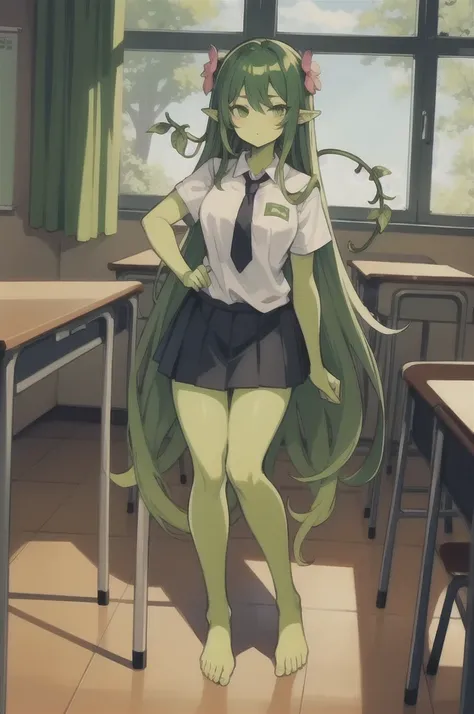 1girl,20s,adult,madure female,, alraune, white shirt,short sleeves,black standard tie,black school skirt,green hair,long hairmflower, vines on body, full body, classroom,(greenskin)