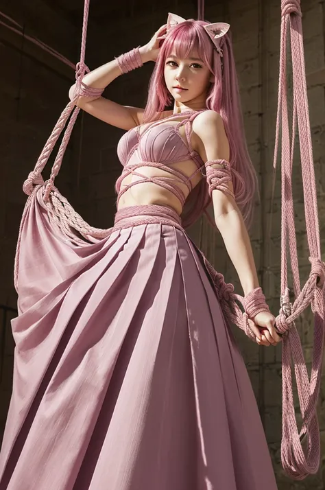 A beautiful bound girl with a focus on pretty and elegant clothes、Cat Ears、(pink hair)、(long hair)、((pink eyes))、((long skirt, pleated skirt, pretty skirt)) 、high quality、best quality, swept bangs, arms behind back, (((rope, shibari, bound arms, bondage)))