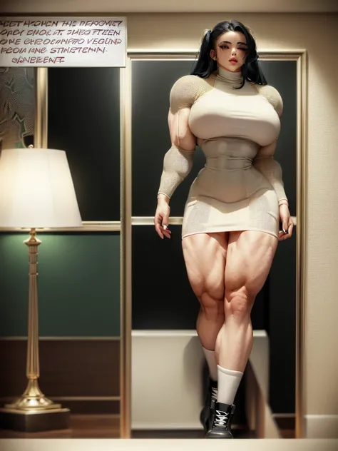 Cartoon of a woman in a short dress standing in a room, giantess art, muscular girl, giantess, muscular ultraviolent woman, succubus in tight short dress, strong and imposing, muscular and scary, exaggeratedly large physique, huge legs towering over you, f...