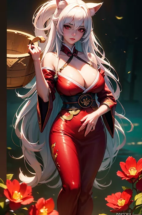 A beautiful girl with cat ears, long white hair, and a furry cat tail, red eyes, wearing white type off kimono Qipao with red flowers details, slender figure with large breasts, (best quality,4k,8k,highres,masterpiece:1.2),ultra-detailed,(realistic,photore...