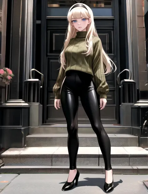 (masterpiece,best quality,absurdres,beautiful,aesthetic,detailed), (Detailed face:1.2), (Detailed eyes:1.2), 1girl, solo, (Gwen Stacy:1.1), platinum blonde hair, bright blue eyes, ((Wearing: Black headband, olive green sweater, black leggings, black heels)...