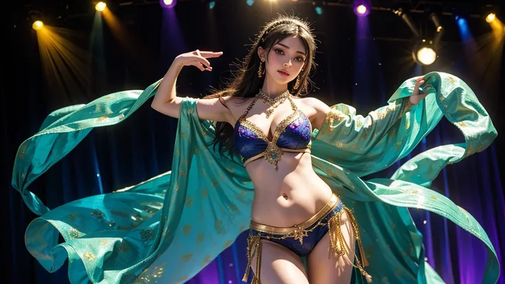 Image of a woman in a belly dancing costume, There&#39;s a girl in a green dress, Plum Blossoms, palaces, oriental architecture ray tracing, {best qualityer}, {work of art}}, extremely detailed 8k wallpaper, {extremely delicate and beautiful}, colorfully, ...