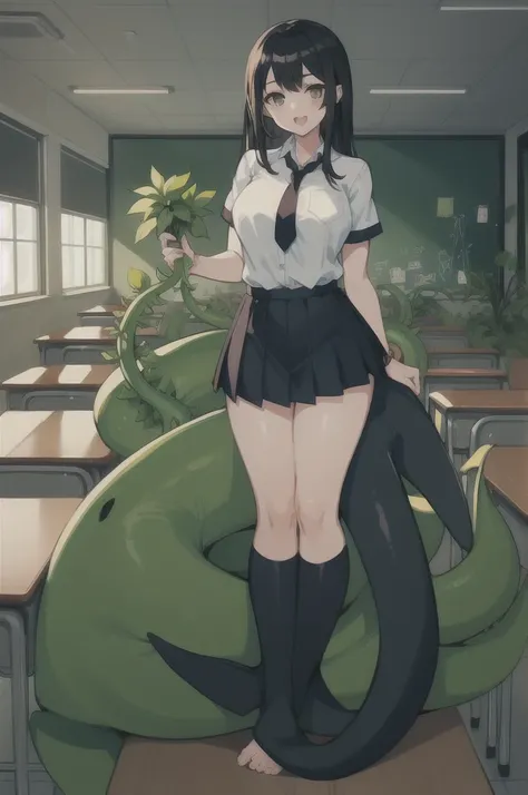 1girl,20s,adult,madure female,, alraune, white shirt,short sleeves,black standard tie,black school skirt,black hair, full body, classroom,sharkgirl,mershark