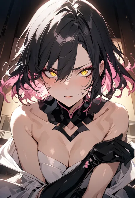 Masterpiece, Perfect face, expressive eyes,1girl, female focus, solo, black gloves, gloves, black hair, pink highlights, medium  hair, clean hair,  yellow eyes, beautiful, sexy, light make up, Shinigami, Bleach style, Bleach
