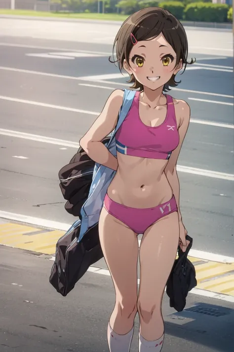 solo, 1girl, ,  hazuki katou,sports bra,panties.outdoor, , ,socks,looking viewer ,grin