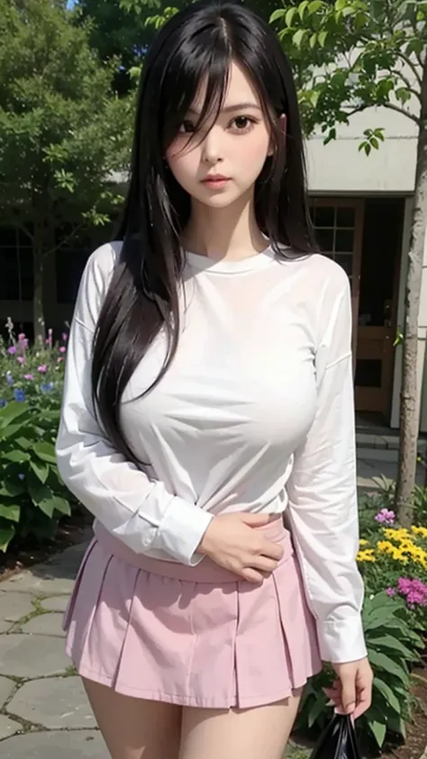 Cute mommy, mature women, realistic skin,perfect ,black hair, long hair, (hair over one eye:1.4), messy hair, hair between eyes, oversize shirt,pink mini skirt, chubby,plump,fat,pucker lips,cute shy blush on,garden, under tree,night 