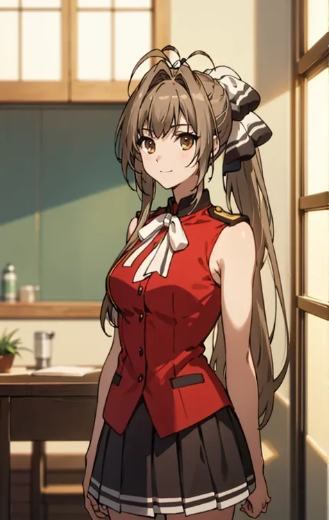 best quality, masterpiece, detailed,
SentoIsuzu,
solo, closed mouth, light smile,
brown hair, brown eyes, long hair, antenna hair, ponytail, hair bow,
SentoVest, red shirt, sleeveless, aiguillette, epaulettes, white bow, black skirt,
standing, looking at t...