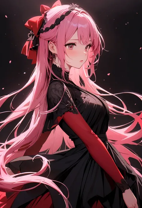 Girl with long, flowing pink hair, wearing formal black clothes with red sleeves, in a black skirt, Red bow on the head 