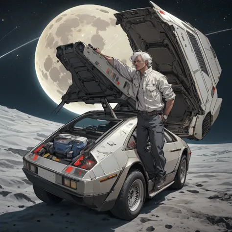 ((Best Quality)), ((Masterpiece)), (detailed), delorean on the moon with space and planets in the background