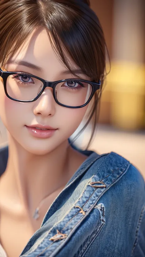 a cute tan Chinese girl wearing glasses, jeans, beautiful detailed eyes, beautiful detailed lips, extremely detailed face, long eyelashes, photorealistic, 8k, ultra-detailed, physically-based rendering, vivid colors,professional photography