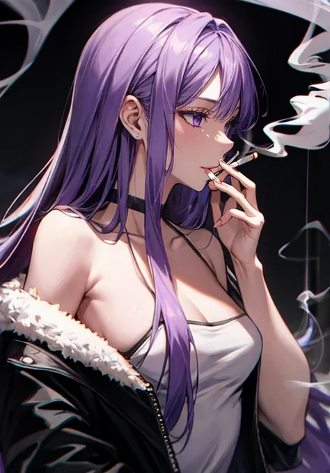 ((Smoking a cigarette)),Purple voluminous long hair,Adult female,