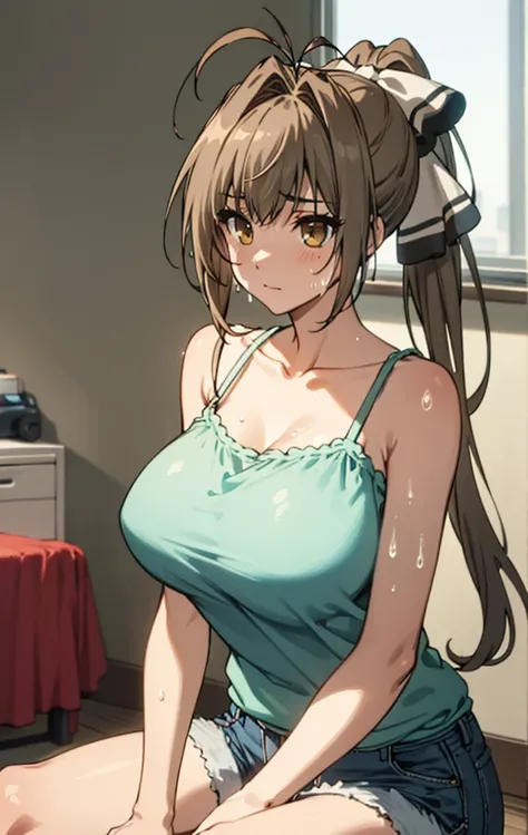 best quality, masterpiece, detailed,
SentoIsuzu,
solo, closed mouth, (sweating)
brown hair, brown eyes, long hair, antenna hair, ponytail, hair bow,my room,camisole,denim shorts,huge breasts