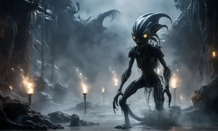 full body length,niobium goblin,native somali xenomorph,once pretty face,eyebrow up,full body shot,ominous landscape,niobium gray atmosphere,photo,photorealism,Masterpiece,natural skin textures, hyper realism,hyper detailed,High contrast,Realism,Ultra Deta...