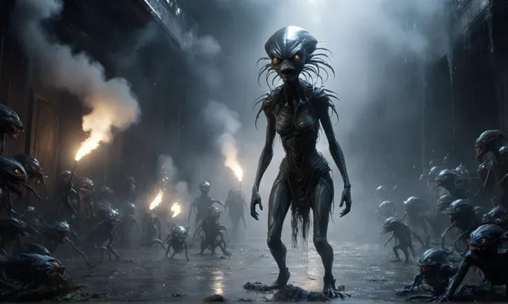 full body length,niobium goblin,native somali xenomorph,once pretty face,eyebrow up,full body shot,ominous landscape,niobium gray atmosphere,photo,photorealism,Masterpiece,natural skin textures, hyper realism,hyper detailed,High contrast,Realism,Ultra Deta...