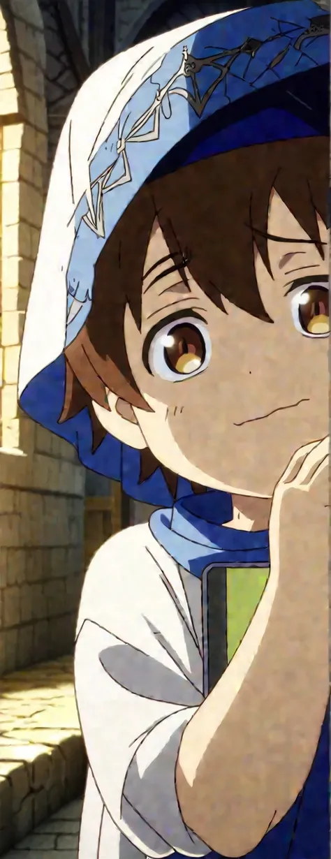 1 shota boy dressed in blue clothes exposing the left side of his chest, holding a cell phone, brown hair, brown eyes, full body portrait, anime, cute face and eyes, beautiful long eyelashes, adorable expression, medieval context, 8k , high resolution, mas...