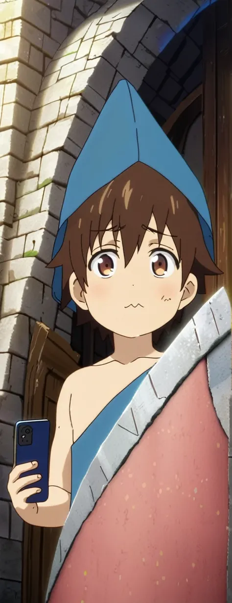 1 shota boy dressed in blue clothes exposing the left side of his chest, holding a cell phone, brown hair, brown eyes, full body portrait, anime, cute face and eyes, beautiful long eyelashes, adorable expression, medieval context, 8k , high resolution, mas...