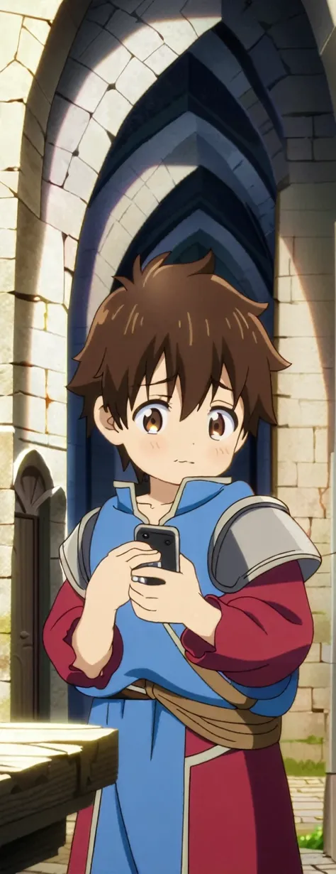 1 shota boy dressed in blue clothes exposing the left side of his chest, holding a cell phone, brown hair, brown eyes, full body portrait, anime, cute face and eyes, beautiful long eyelashes, adorable expression, medieval context, 8k , high resolution, mas...