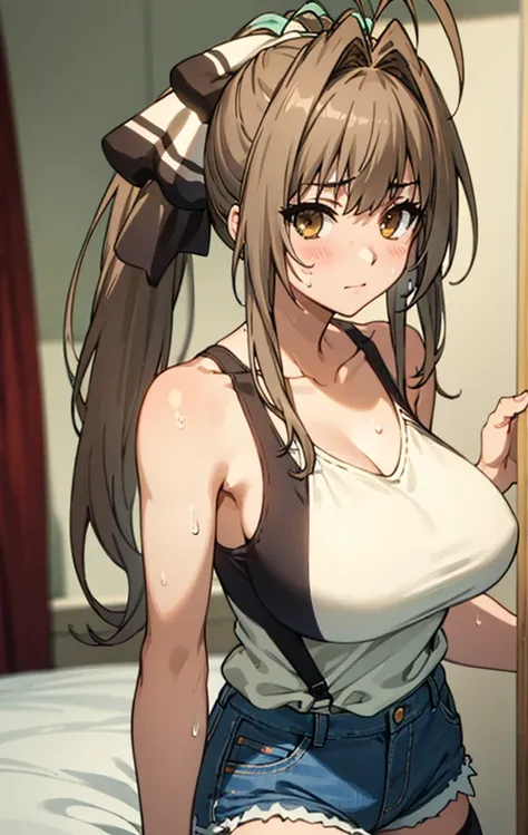 best quality, masterpiece, detailed,
SentoIsuzu,
solo, closed mouth, (sweating)
brown hair, brown eyes, long hair, antenna hair, ponytail, hair bow,my room,camisole,denim shorts,huge breasts,looking viewer,thighhighs