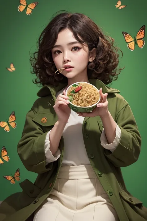 free fire character in realistic style with green coat small all closed and small sweatshirt with big and curly hair very curled big very big voluminous and big hitting below the shoulder brown with small white skirt and red details the green background wi...