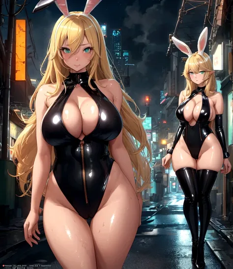 cute bunny girl,(((1girl))), 19 years old, large breasts, triple D cup breasts, sexy, horny, round buttocks, bubbly buttocks, fit and strong, slender body, ((anime bunny girl with extremely cute and beautiful blonde hair walking seductively down the street...