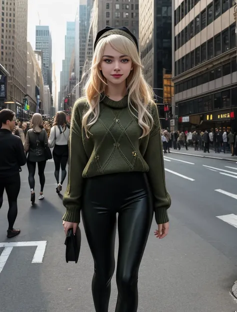 (masterpiece,best quality,absurdres,beautiful,aesthetic,detailed), (Detailed face:1.2), (Detailed eyes:1.2), 1girl, solo, (Gwen Stacy:1.1), platinum blonde hair, bright blue eyes, ((Wearing: Black headband, olive green sweater, black leggings, black heels)...