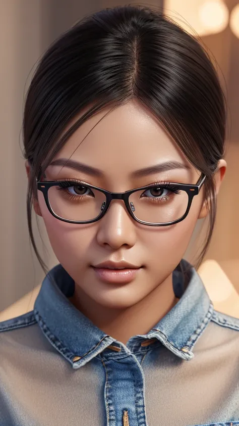 a cute tan Chinese girl wearing glasses, jeans, beautiful detailed eyes, beautiful detailed lips, extremely detailed face, long eyelashes, photorealistic, 8k, ultra-detailed, physically-based rendering, vivid colors, professional photography