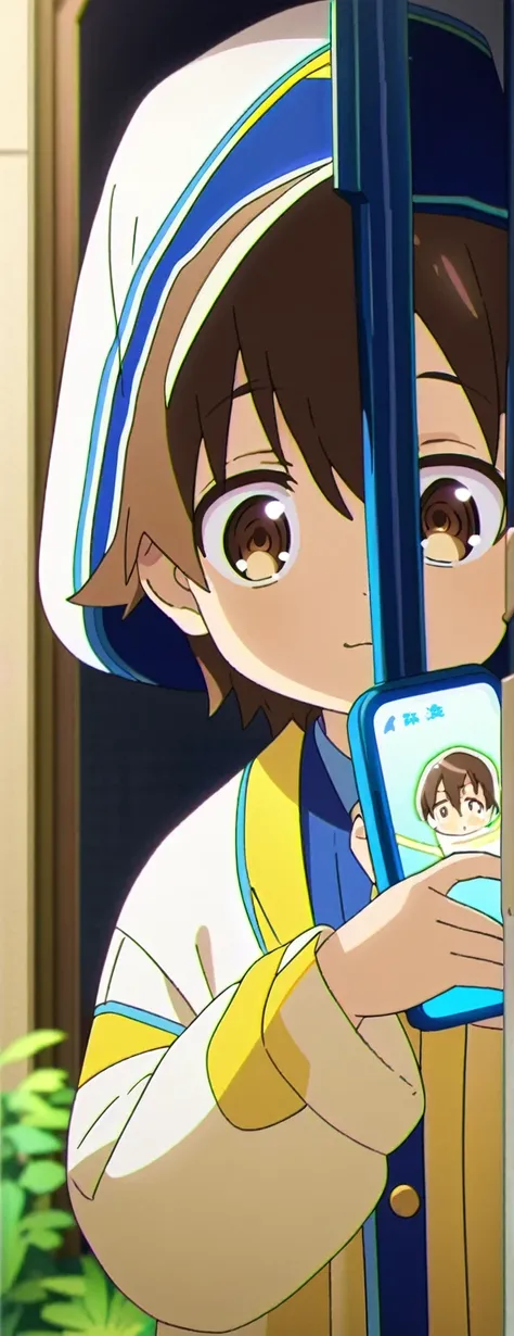 1 shota boy dressed in blue clothes, holding a cell phone, brown hair, brown eyes, full body portrait, anime, cute face and eyes, beautiful long eyelashes, adorable expression, 8k , high resolution, masterpiece