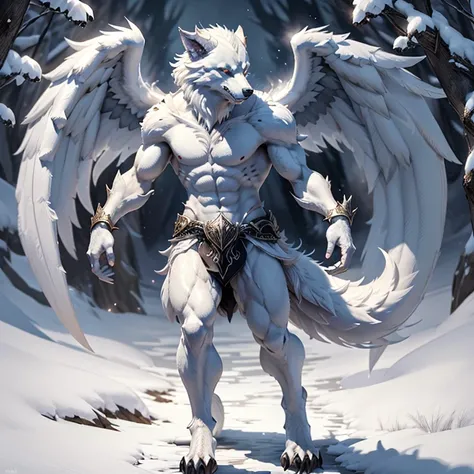 (1 wolf) full body, a white wolf, a winged four pointy feathered ears, with white feathers, feathered wings, white background, white werewolf
