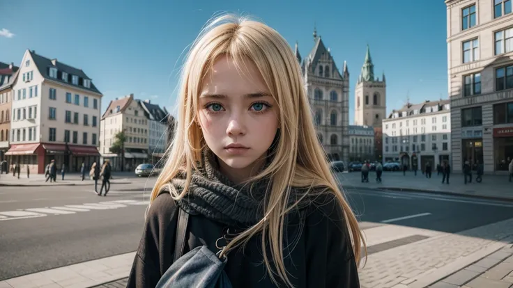 sad blonde girl in a city with Germanic architecture