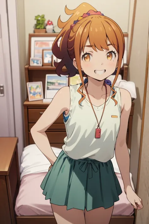 best quality, (masterpiece:1.2), highly detailed,
my room ,, jinno megumi,
1girl, solo, , looking at the viewer,grin
brown hair,...