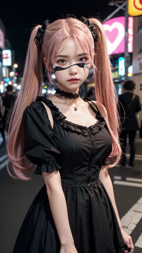 A cute 12-year-old girl with an eye patch, wearing a gothic pink frilled dress, pale smooth skin, beautiful eyes with many star-shaped highlights, pink twintails hair with heart hairclip, angry expression, black mouth mask, open cleavage, many accessories,...