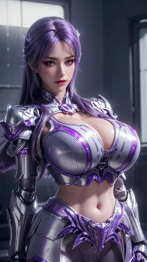 a busty milf, closeup upper body,solo, ((dragon mecha horn,purple long hair)), (gigantic fake boobies,cleavage top,11 line abs:1...