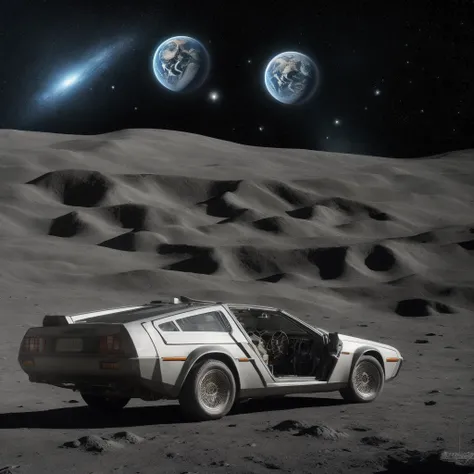 ((Best Quality)), ((Masterpiece)), (detailed), delorean on the moon with space and planets in the background