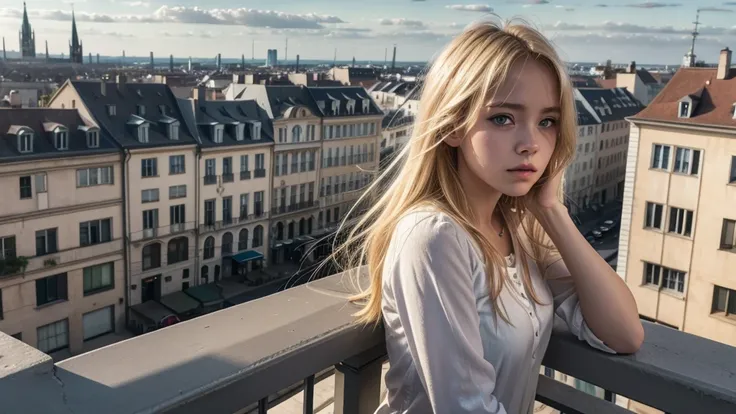 sad blonde girl on a balcony, looking at a city with ancient Germanic architecture