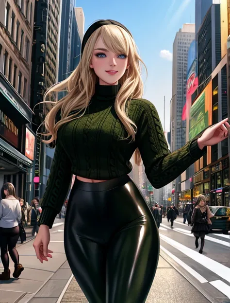 (masterpiece,best quality,absurdres,beautiful,aesthetic,detailed), (Detailed face:1.2), (Detailed eyes:1.2), 1girl, solo, (Gwen Stacy:1.1), platinum blonde hair, bright blue eyes, ((Wearing: Black headband, olive green sweater, shiny black leggings, Ugg Bo...