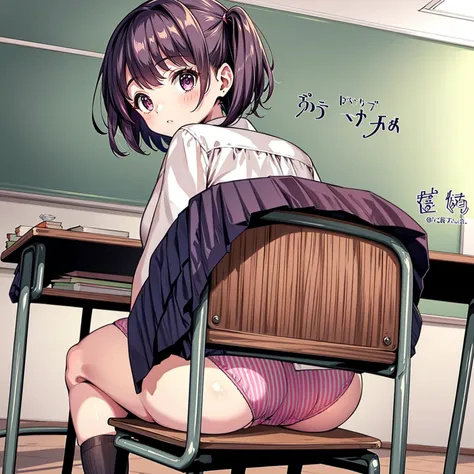 from behind, 1 10yo girl, chair exposure, ass, skirt lift, pleated skirt, looking back, classroom,pink stripe panties