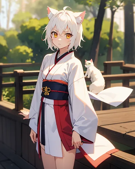 (4k),(Masterpiece),Extremely Detailed,Refined,Super Detailed,Professional Photography,Bokeh,High Definition,Sharp Detail,Best Quality,RTX,
day,forest,
ToujoKoneko,1 girl,white hair,small breasts,short hair,white cat ears,yellow eyes,cat ears,slit_pupils,
k...