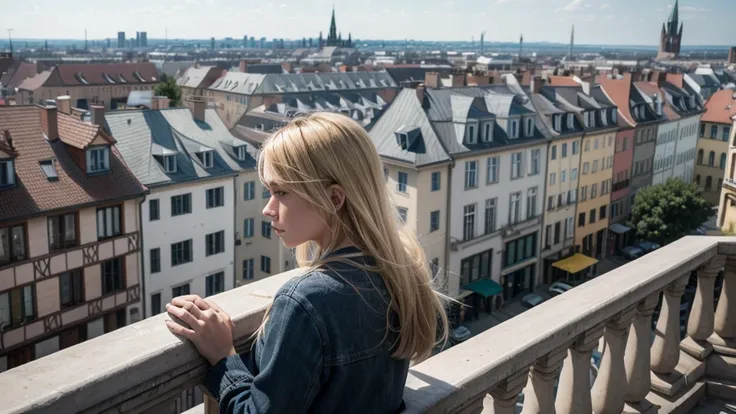 sad blonde woman on a balcony, looking at a city with simple houses and ancient Germanic architecture