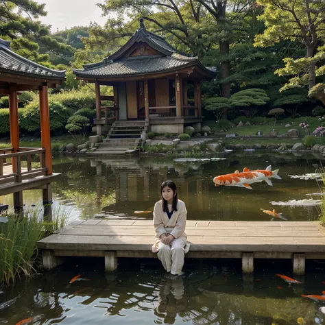 1girl, looking at the viewer, water, pond, lake, shrine, koi