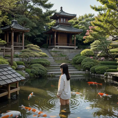 1girl, looking at the viewer, water, pond, lake, shrine, koi