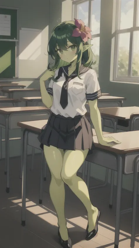 masterpiece, best quality, perfect lighting,20s,adult,madure female,, alraune, white shirt,short sleeves,black standard tie,black school skirt,green hair,long hairmflower, vines on body, full body, classroom,(greenskin)