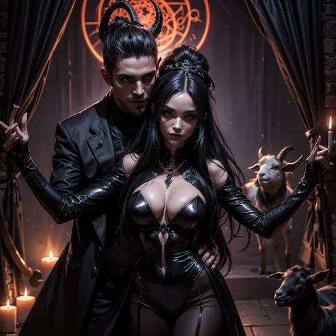 A sexy dark witch woman and a goat devil dancing together inside a magic circle in a sinister and mysterious environment