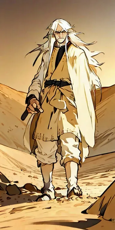 (masterpiece, best quality),1male  with long white hair ,yellow pupils ,  Desert clothing 