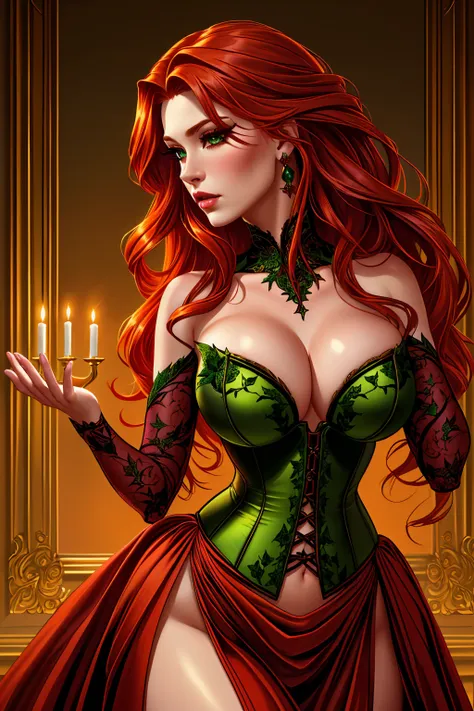 a woman with long crimson hair, intricate Green corset, beautiful detailed eyes, beautiful detailed lips, extremely detailed face, longeyelashes, elegant pose, graceful movement, breathtaking, detailed and realistic, oil painting, dramatic lighting, warm c...