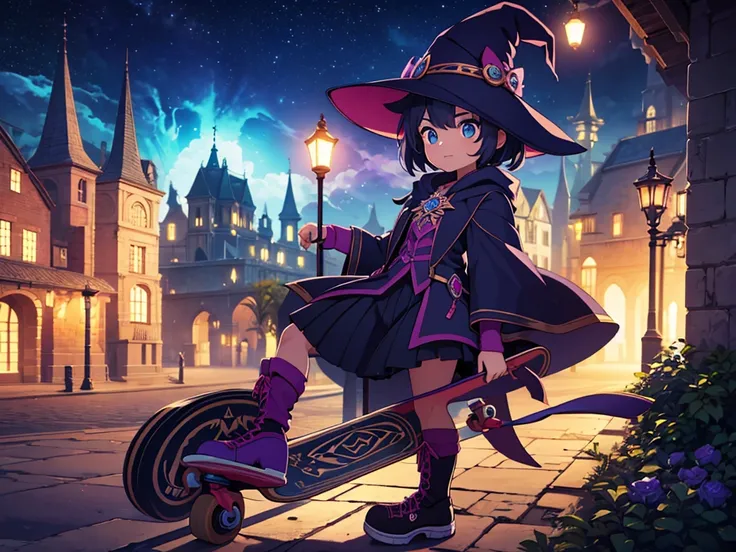 mysterious, magical,witch girl holding her enchanted skateboard, ready to ride, high detail, atmospheric 